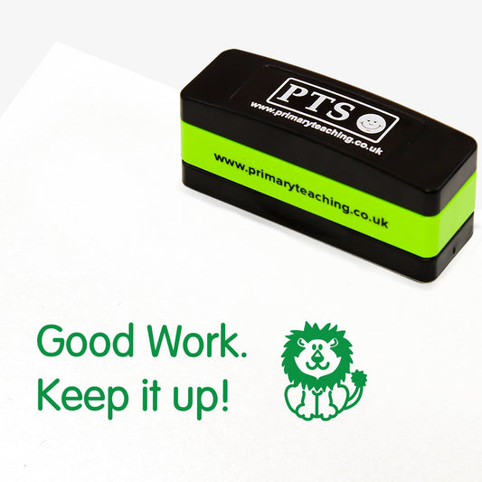 44mm x 13mm self-inking stamper featuring the phrase 'Good Work.  Keep it up!:' in bold green letters next to an illustration of a lion sat down.