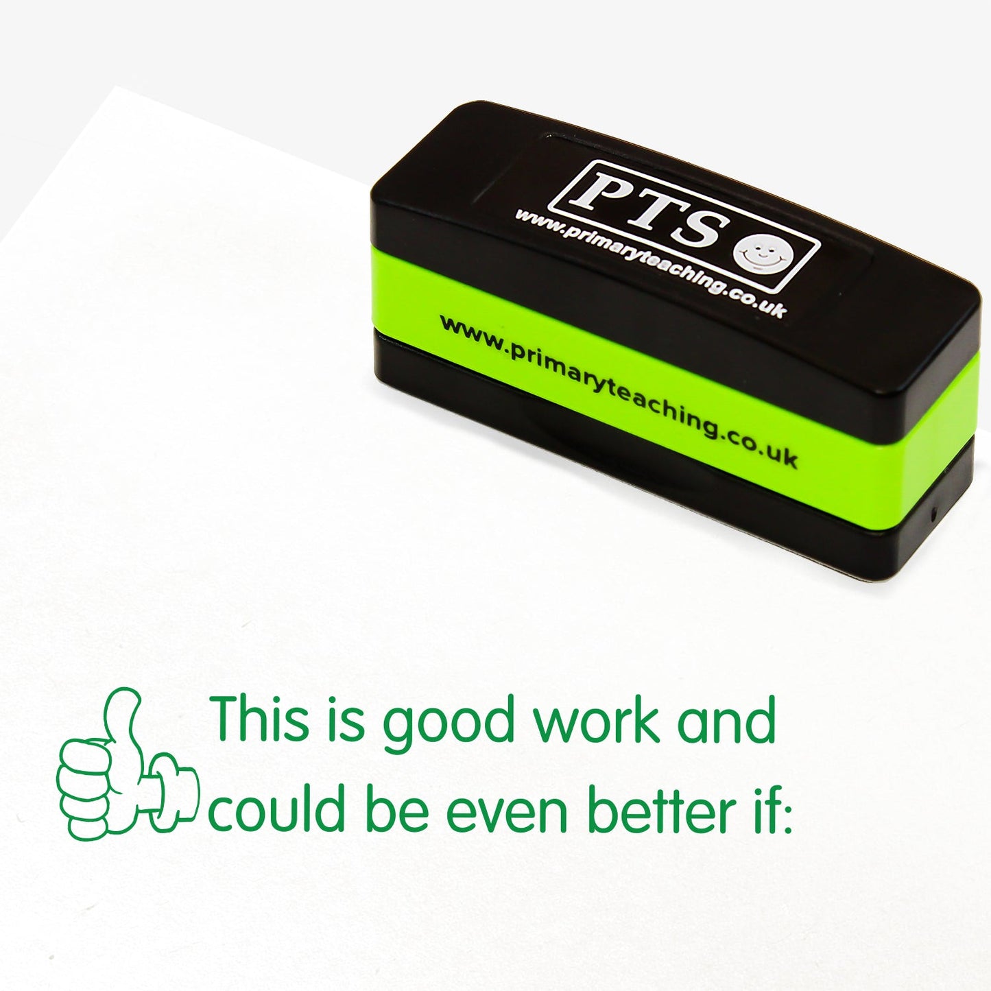 44mm x 13mm self-inking stamper featuring the phrase 'This is good work and could be even better if:' in bold green letters next to an illustration of a thumbs up icon.