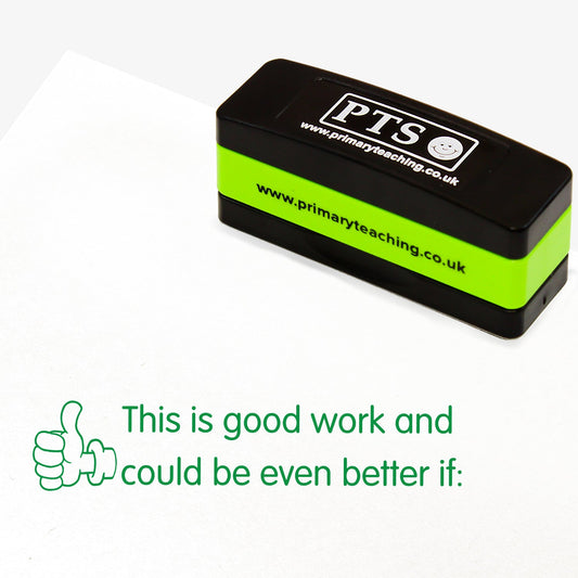44mm x 13mm self-inking stamper featuring the phrase 'This is good work and could be even better if:' in bold green letters next to an illustration of a thumbs up icon.