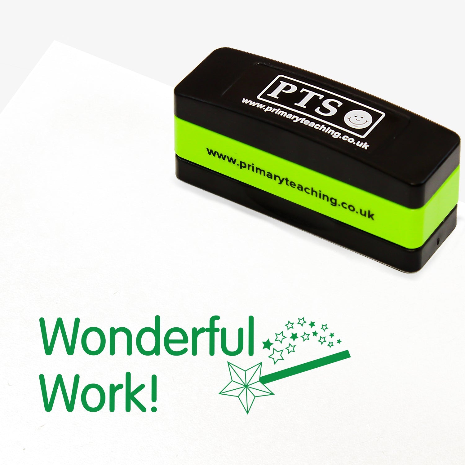 Rectangular self-inking stamper 44mm x 13mm with green ink, displaying the text 'Wonderful Work!' with a wand emitting a shower of stars next to it.