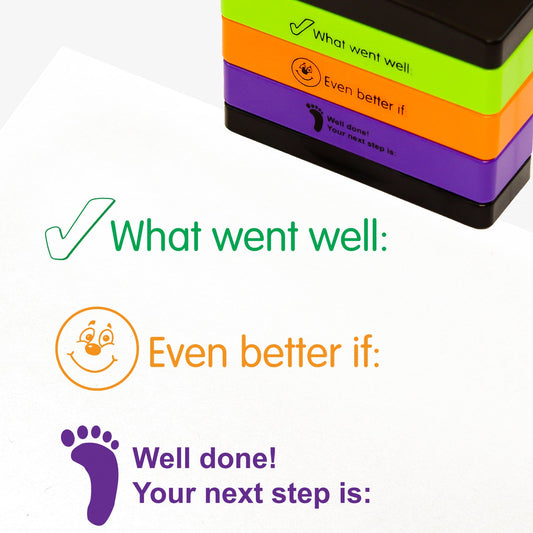3 stacked rectangular self-inking stampers measuring 44mm by 13mm, featuring the imprint - 'What went well:' with a tick icon in green ink. 'Even better if:' with a smiling emoji face in orange ink; 'Well done! Your next step is:' with a footprint in purple ink.