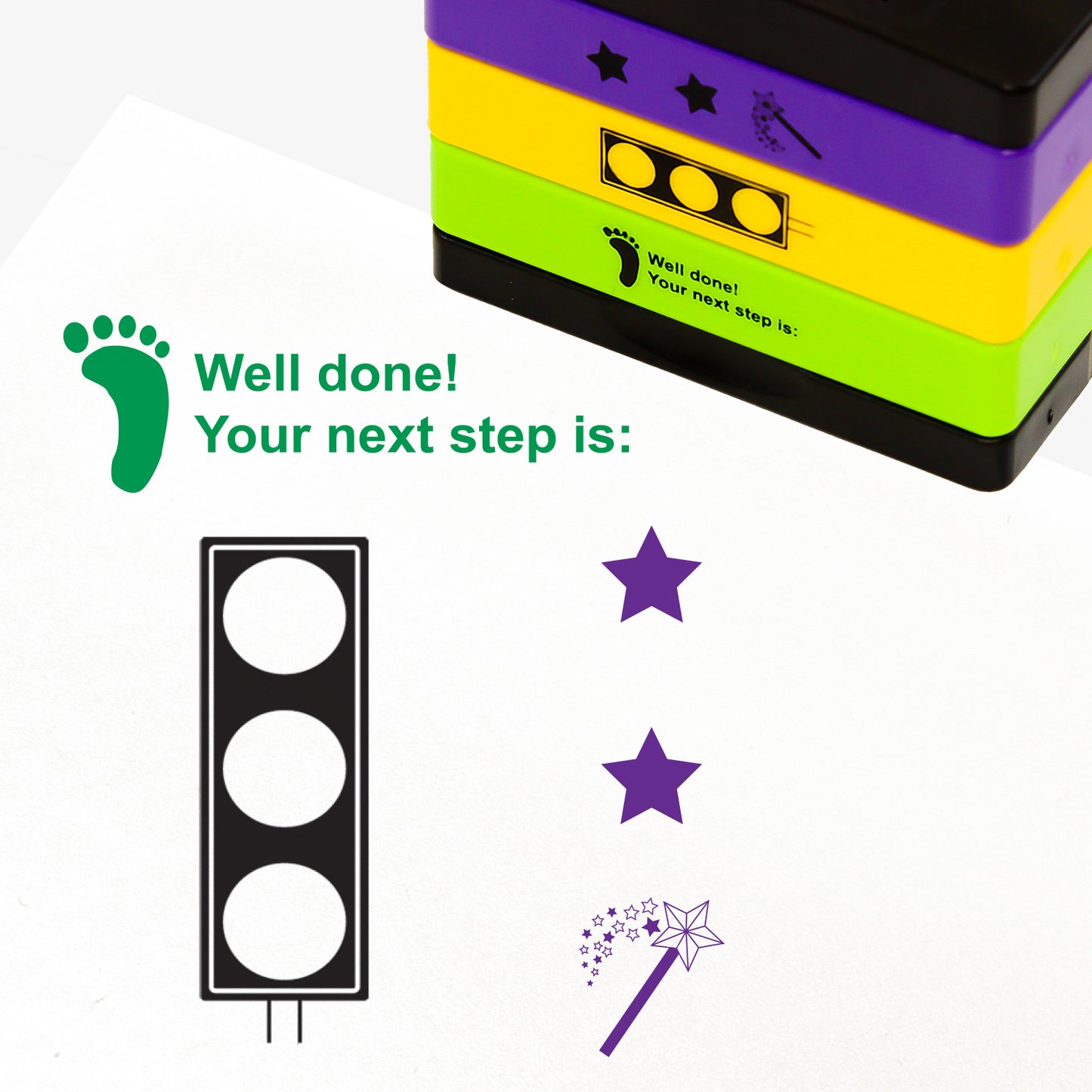 3 stacked rectangular self-inking stampers measuring 44mm by 13mm, featuring the imprint - 'Well Done! Your next step is:' across 2 lines in green ink with a footprint icon to the left; A vertical imprint of Two purple stars and a purple wand emitting a show of stars; A set of traffic lights in black ink.