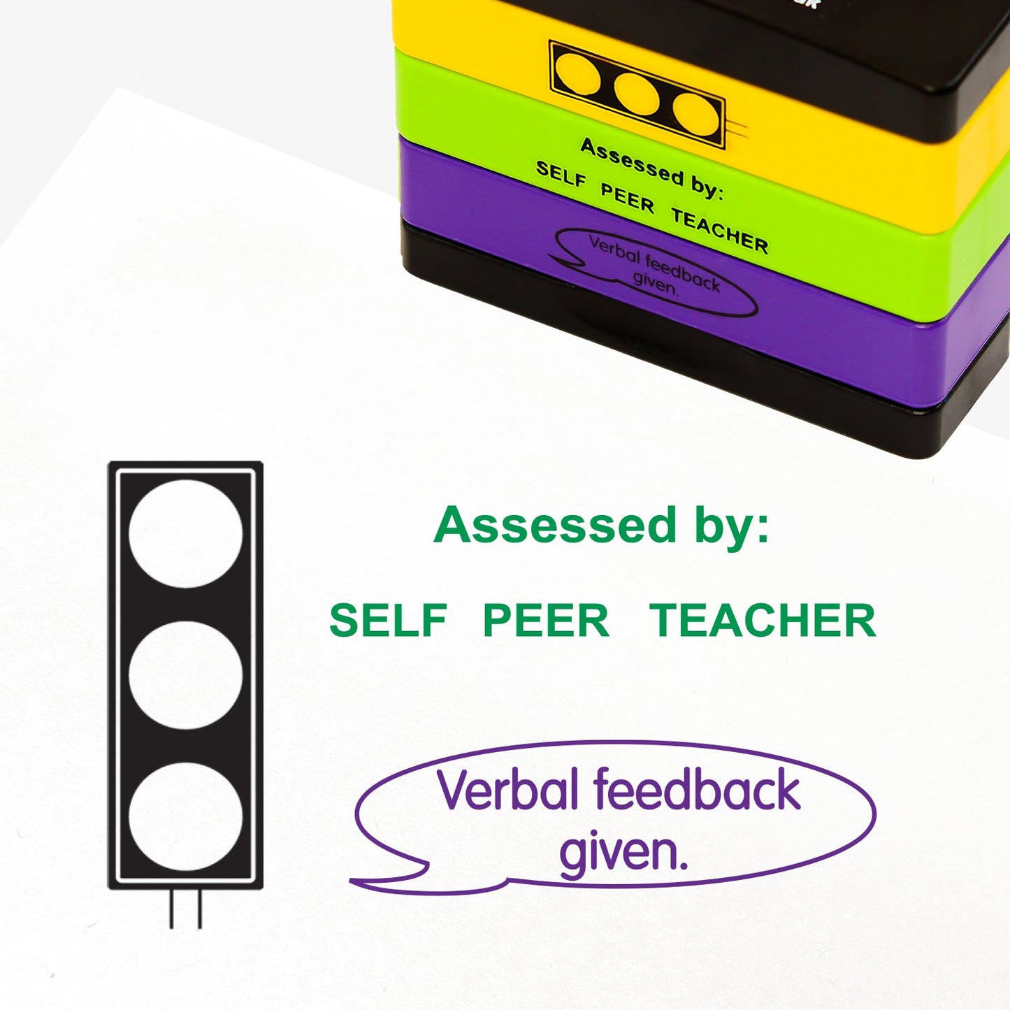 3 stacked rectangular self-inking stampers measuring 44mm by 13mm, featuring the imprint - 'Assessed by: SELF   PEER   TEACHER' across 2 lines in green ink; 'Verbal feedback given' withing a speech bubble in purple ink'; A set of traffic lights in black ink.