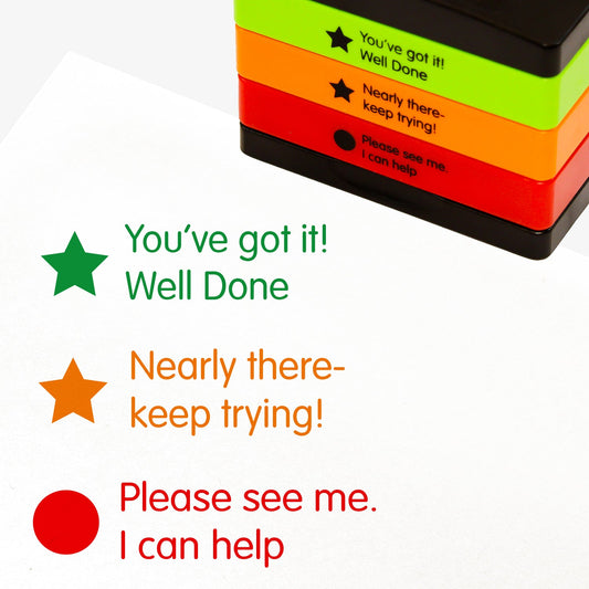 3 stacked rectangular self-inking stampers measuring 44mm by 13mm, featuring the imprint - 'You've got it!  Well Done' in green ink with a green filled star; 'Nearly there - keep trying!' in orange ink with an orange filled star; 'Please see me.  I can help' in red ink with a red filled circle.