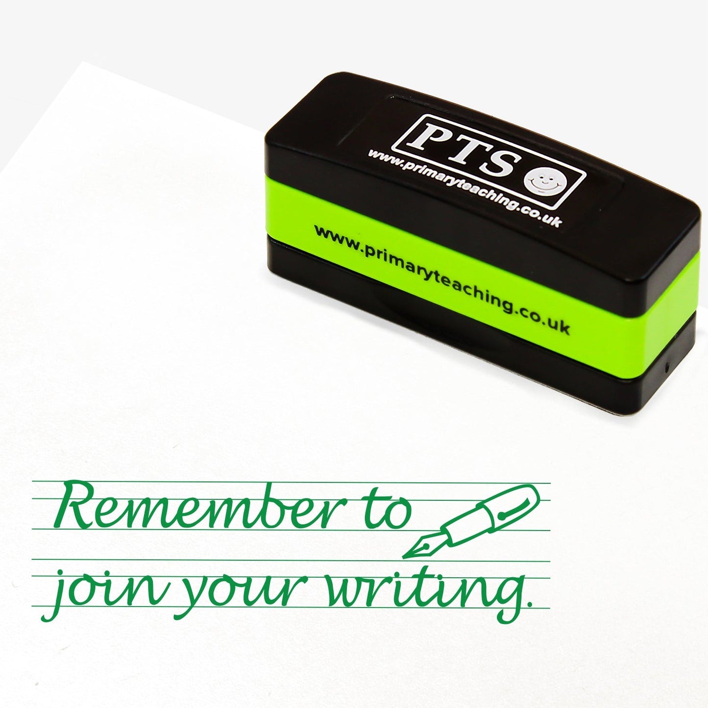 Rectangular self-inking stamper measuring 44mm by 13mm, featuring a green impression lined writing paper of the phrase 'Remember to join your writing.' in joined up writing alongside an image of a fountain pen.