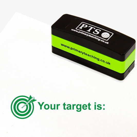 A rectangular, stackable, self-inking stamper, displaying the green text 'Your target is:' alongside a target with an arrow in the bullseye; stamper measures 44mm by 13mm