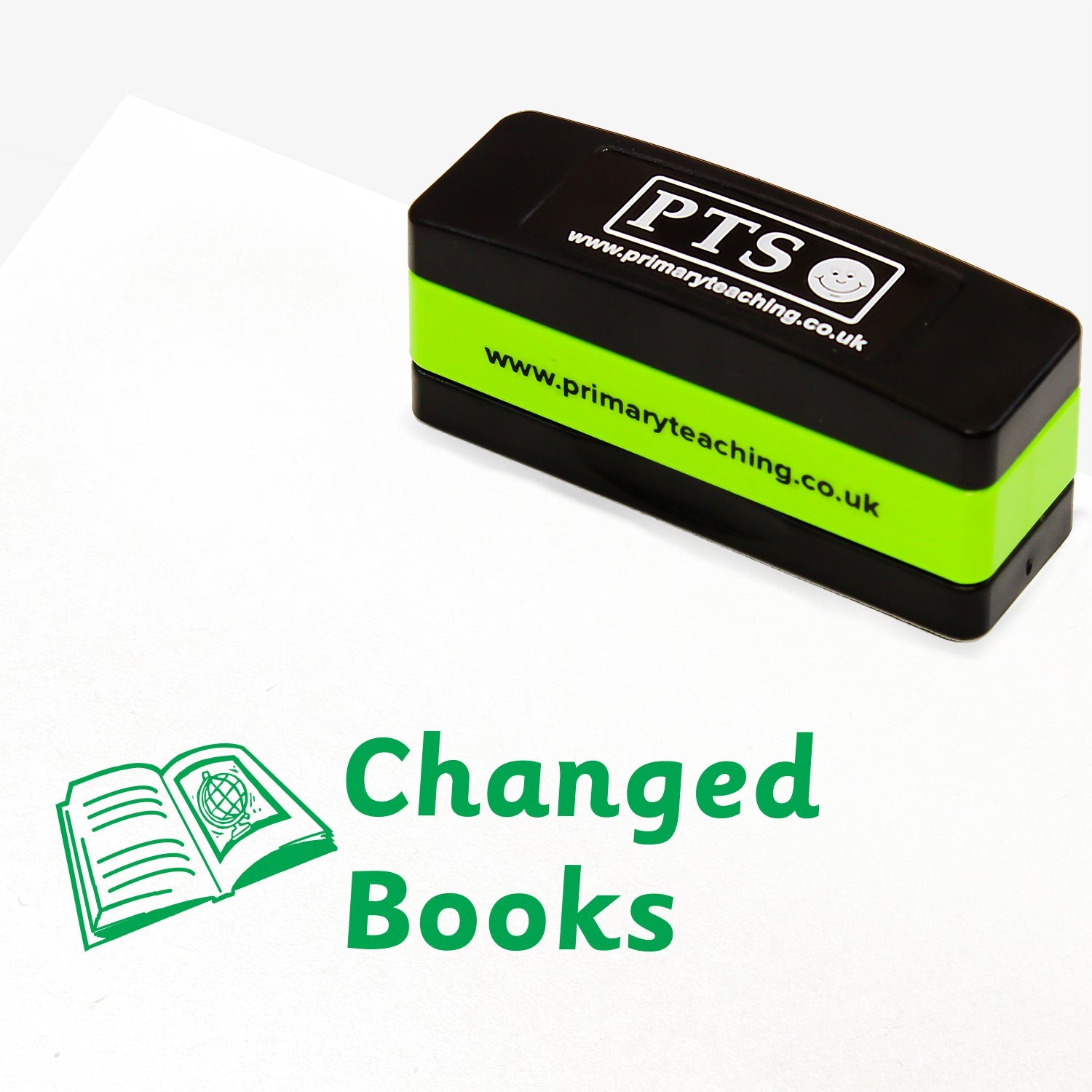 Rectangular self-inking stackable stamper with green ink measuring 44mm by 13mm, featuring the phrase 'Changed Books' alongside an illustration of an open book with lines on one side and a globe icon on the other side.
