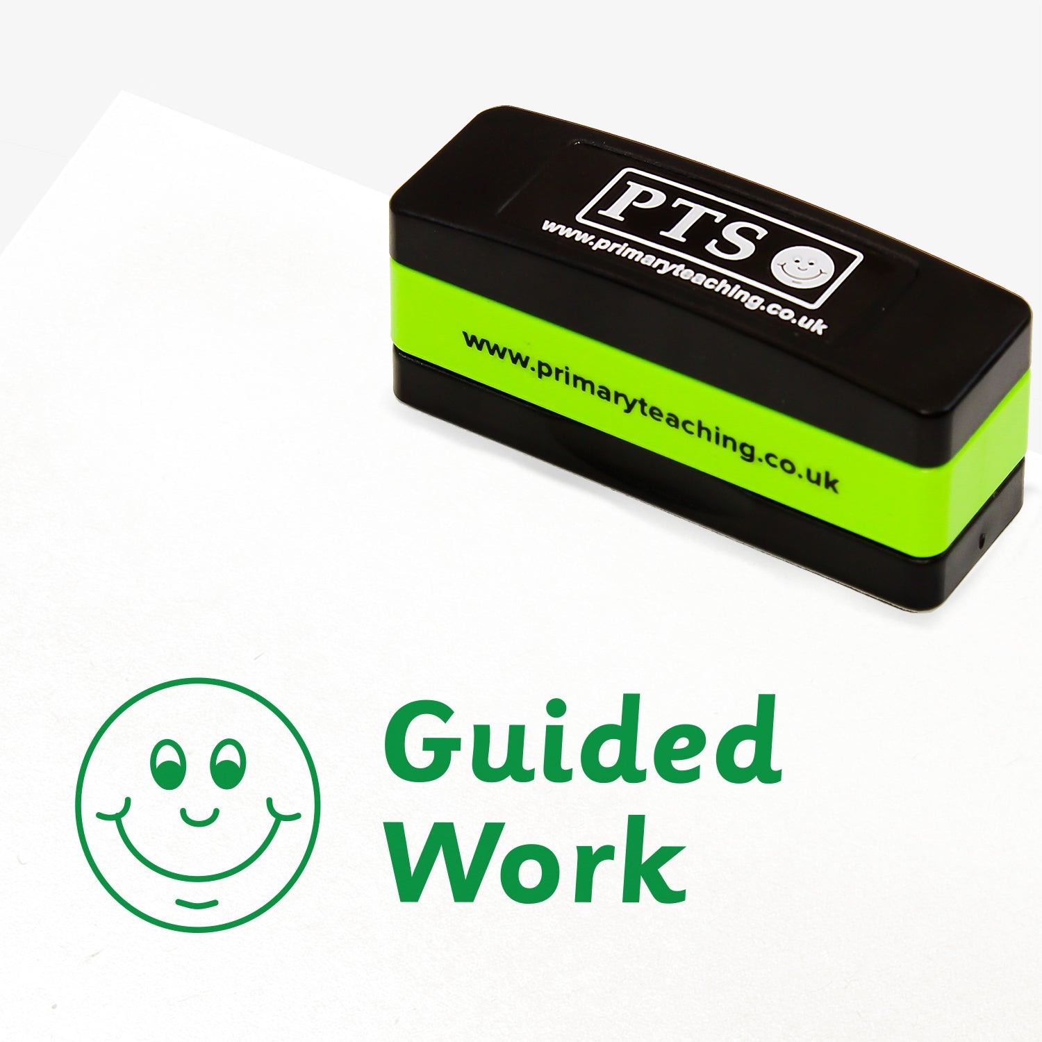 44mm x 13mm self-inking stamper featuring the phrase 'Guided Work' in bold green letters nexts to an illustration of a smiling face.