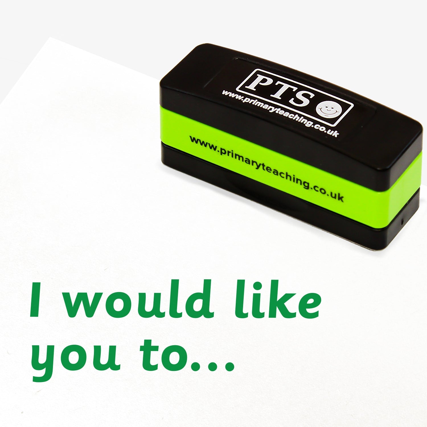 44mm x 13mm self-inking stamper featuring the phrase 'I would like you to…..' in bold green letters.