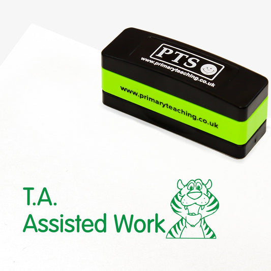Rectangular self-inking, stackable stamper 44mm x 13mm with green ink, featuring the phrase 'T.A. Assisted Work' next to a smiling tiger.