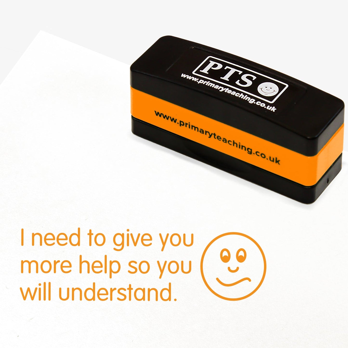 44mm x 13mm self-inking stamper featuring the phrase 'I need to give you more help so you will understand.' in bold orange letters nexts to an illustration of a confused face.