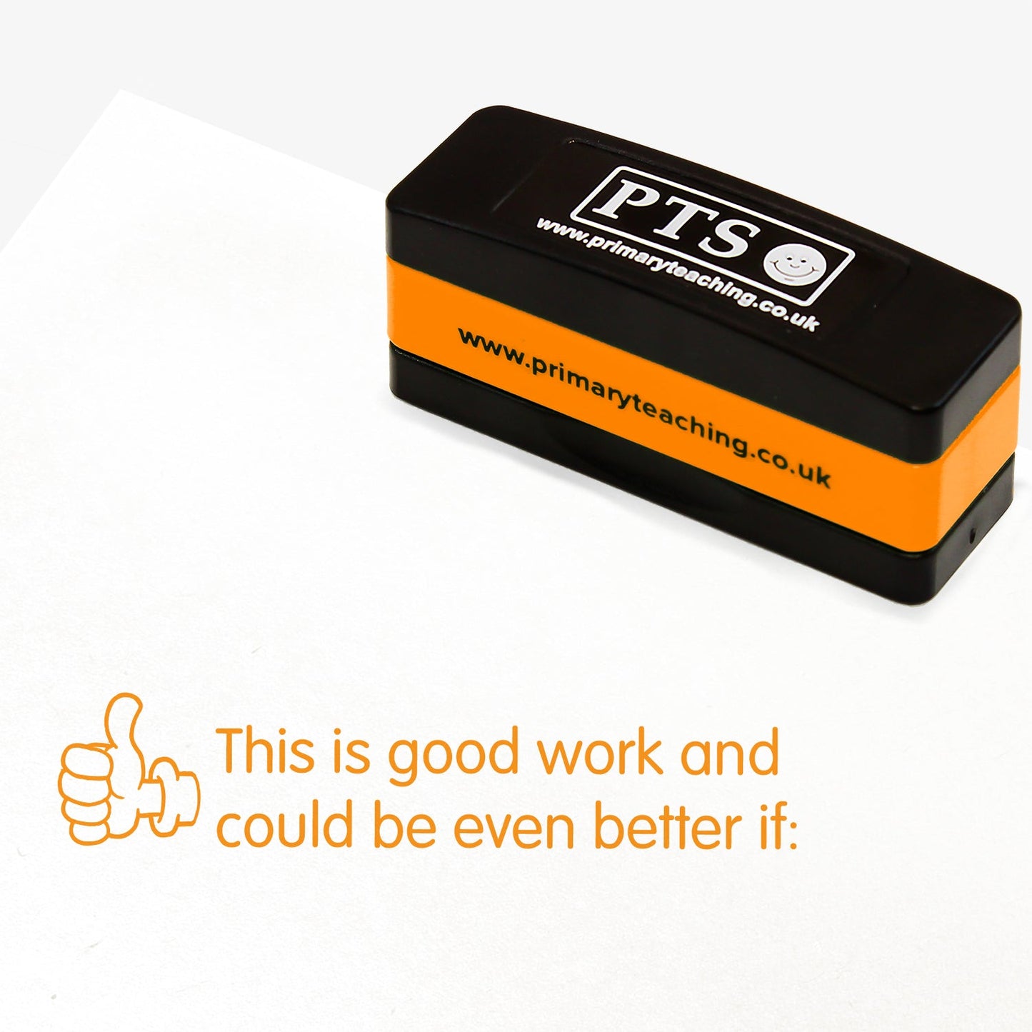 44mm x 13mm self-inking stamper featuring the phrase 'This is good work and could be even better if:' in bold orange letters next to an illustration of a thumbs up icon.