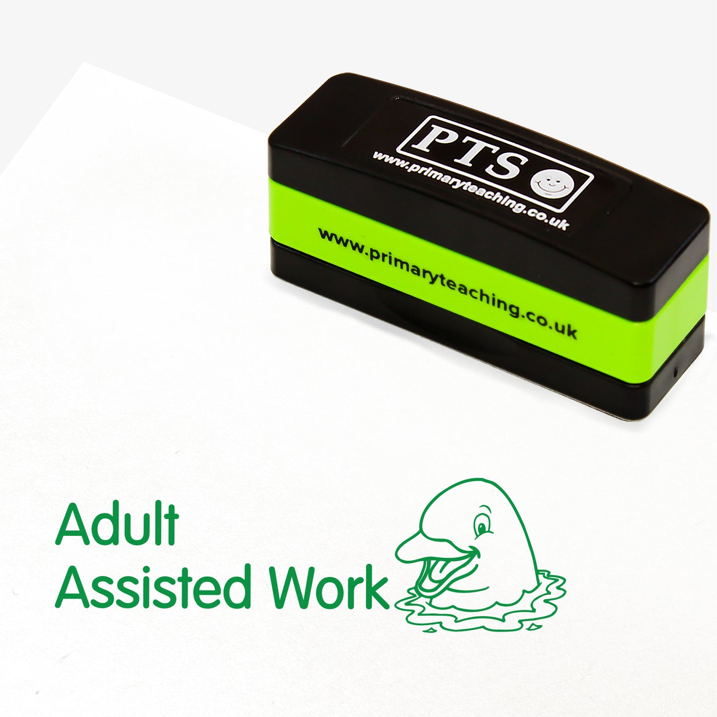 A rectangular self-inking stamper 44mm x 13mm, displaying the green text 'Adult Assisted Work' alongside an illustration of a dolphin in water