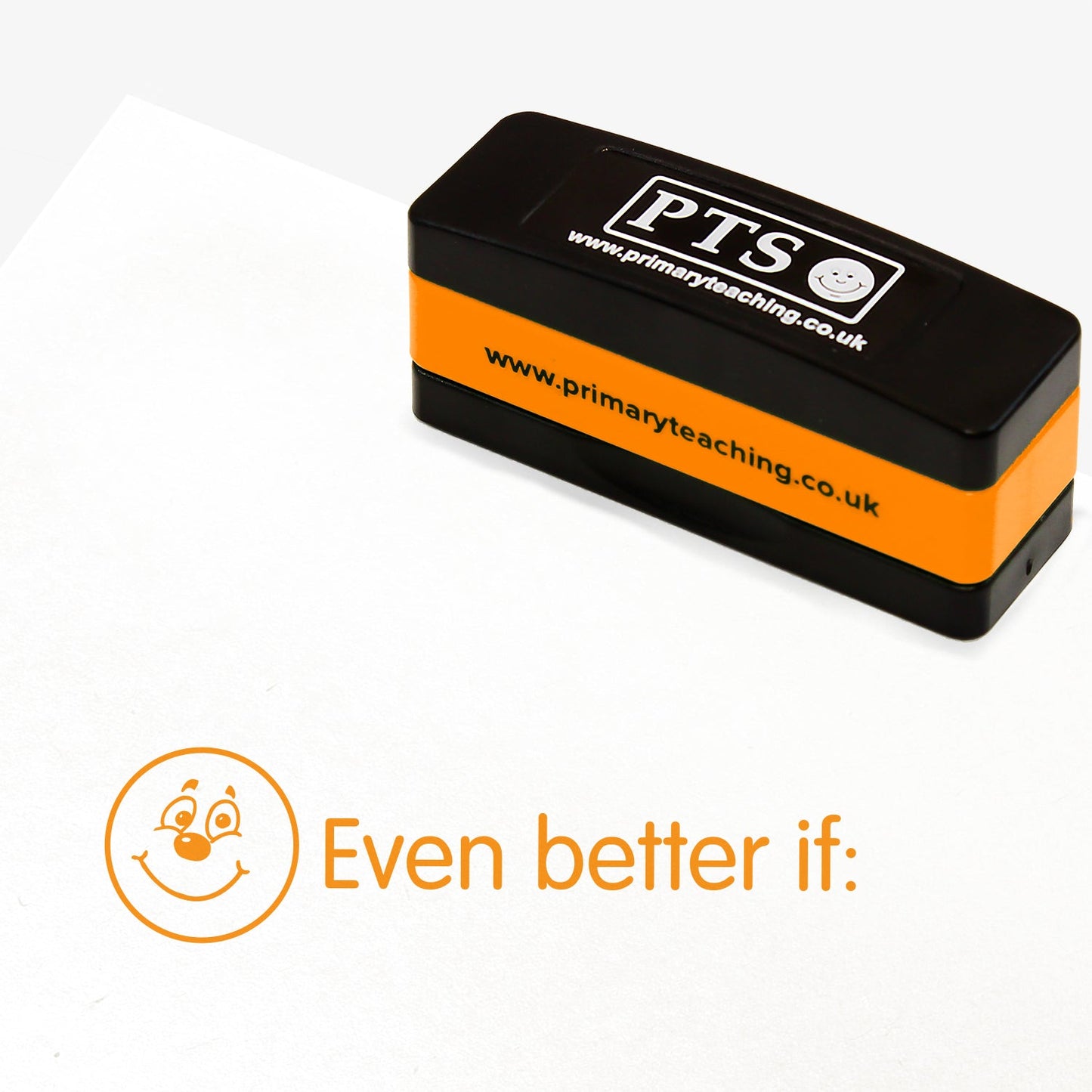 A rectangular orange pre-inked, stackable teacher stamper measuring 44mm x 13mm, featuring the phrase 'Even better if:' next to a smiling face.