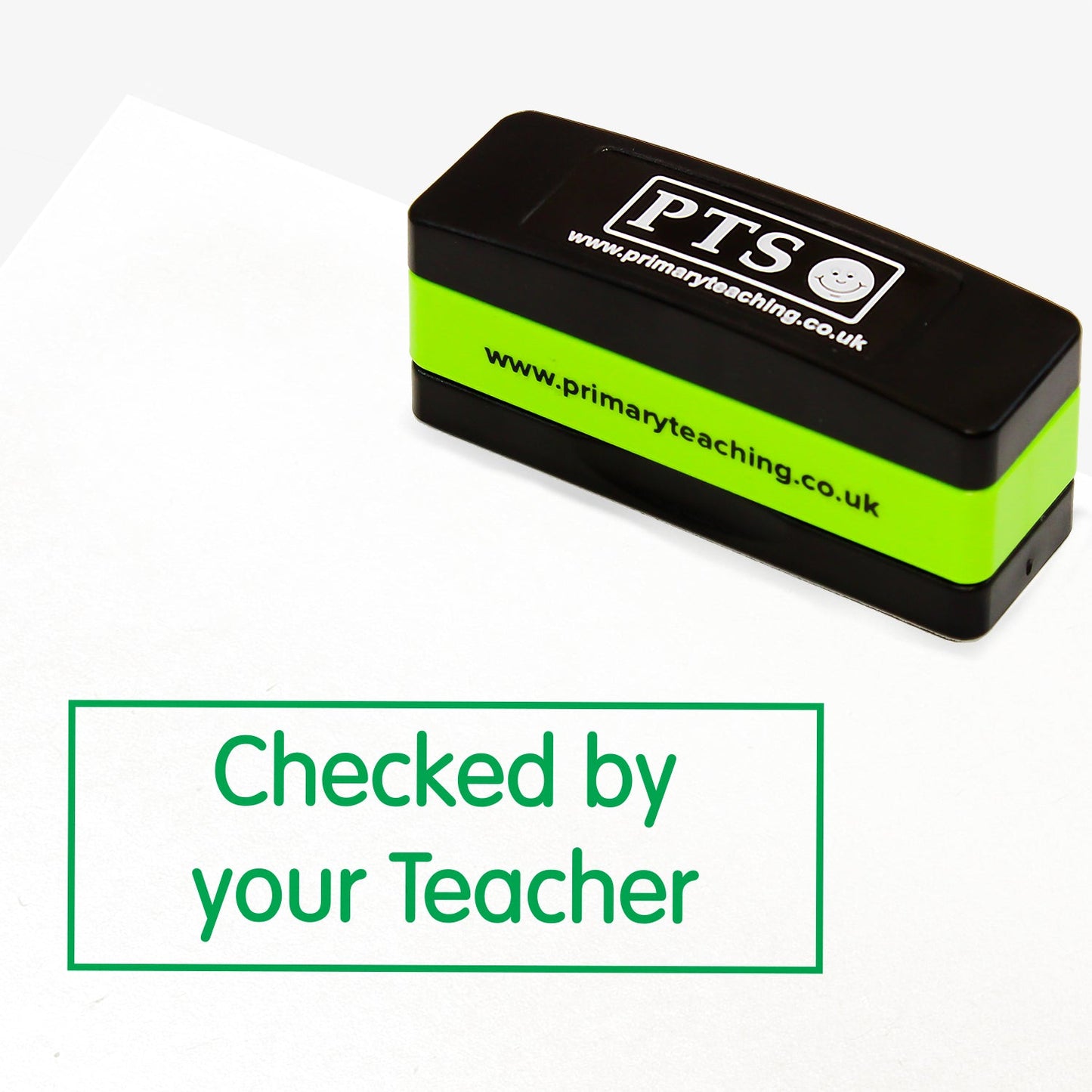 Rectangular self-inking stackable stamper with green ink measuring 44mm by 13mm, featuring the phrase 'Checked by your Teacher' within a rectangle