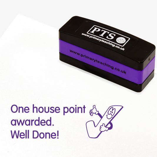 Rectangular self-inking stamper measuring 44mm by 13mm, featuring, across three lines, the phrase 'One house point awarded.  Well Done!' and a smiling tick icon in purple ink.