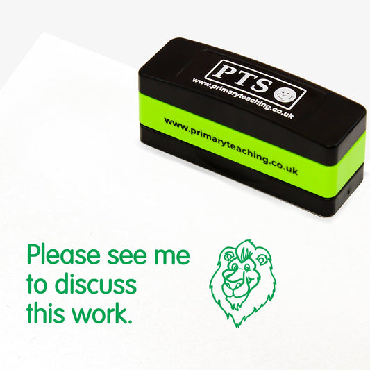 Rectangular self-inking stamper measuring 44mm by 13mm, featuring, across three lines, the phrase 'Please see me to discuss this work.' with a lions face to the right - all in green ink.
