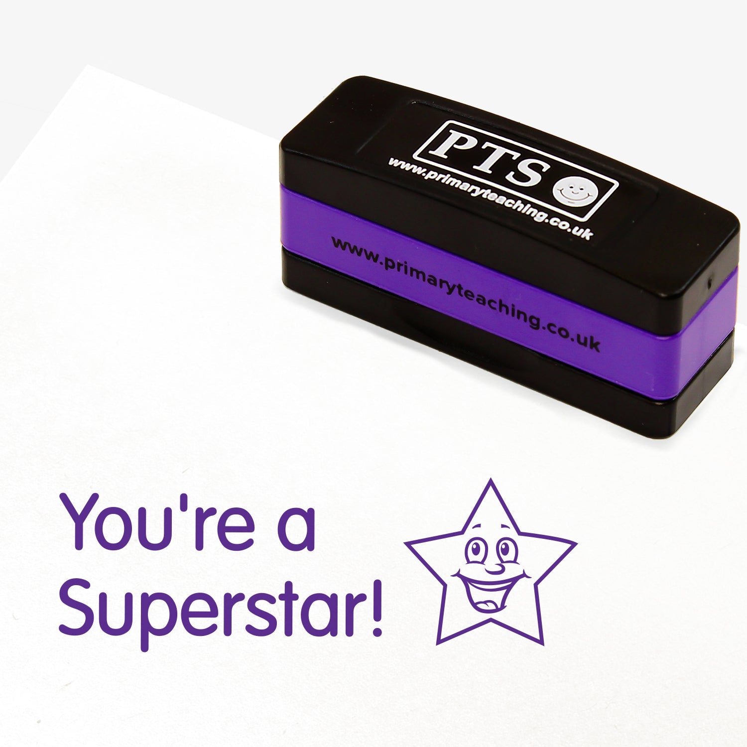 A rectangular, stackable, self-inking stamper, displaying the purple text 'You're a Superstar!' with a smiling cartoon star to the right. Stamper measures 44mm by 13mm