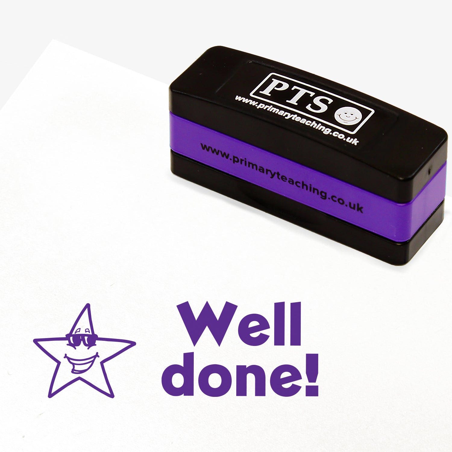 Rectangular self-inking, stackable stamper 44mm x 13mm with purple ink, displaying the text 'Well Done!' alongside a smiling cartoon star wearing sunglasses.