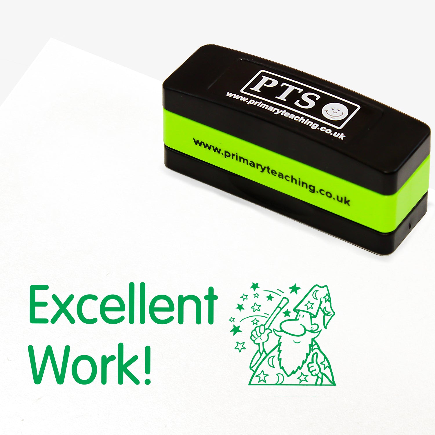 A rectangular green pre-inked, stackable teacher stamper measuring 44mm x 13mm. The stamp imprint shows the words 'Excellent Work!' in green ink next to a wizard in hat and cload waving a wand of stars.