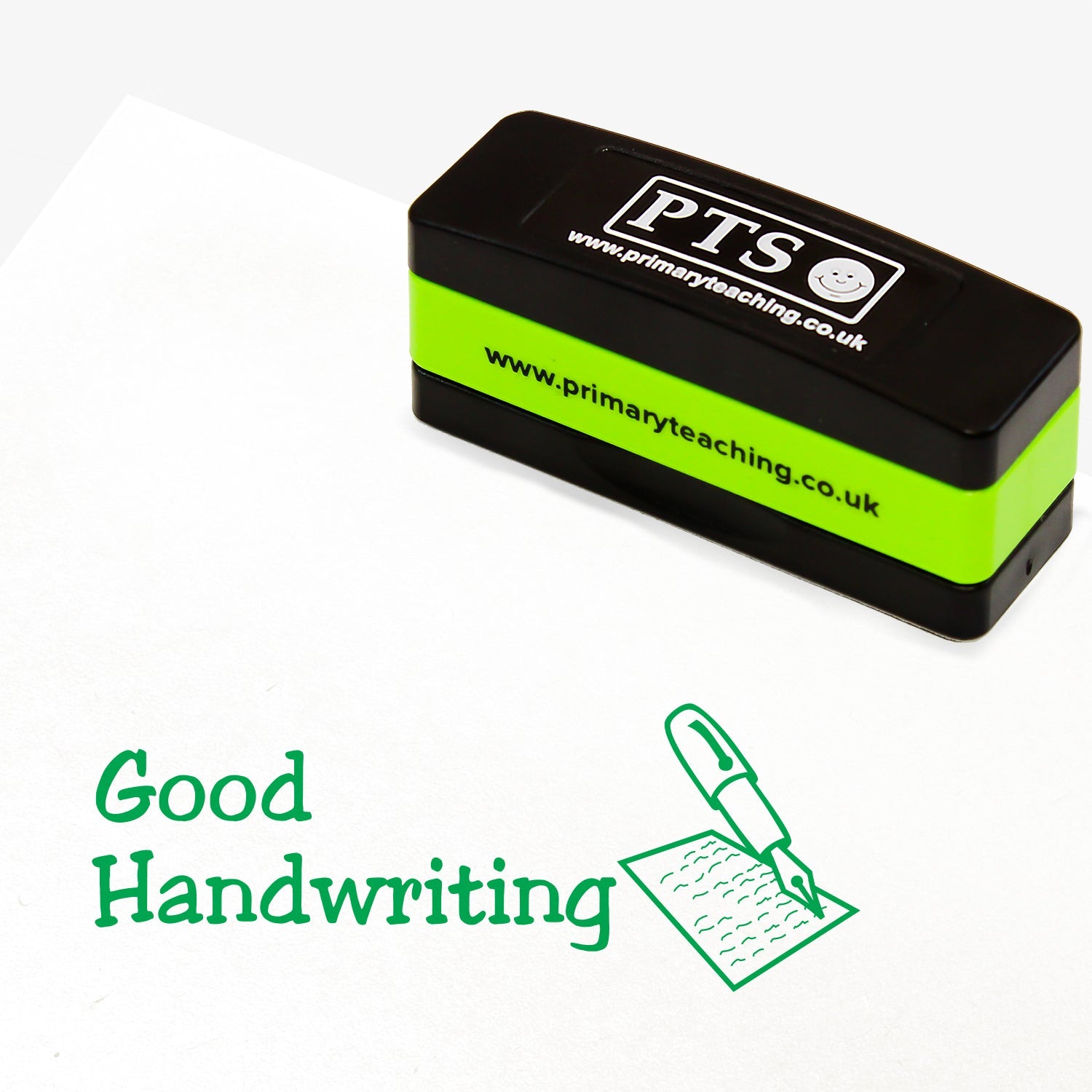 A rectangular green pre-inked, stackable teacher stamper measuring 44mm x 13mm. The stamp imprint shows the words 'Good Hanwriting' in green next to an image of a fountain pen writing on a piece of paper
