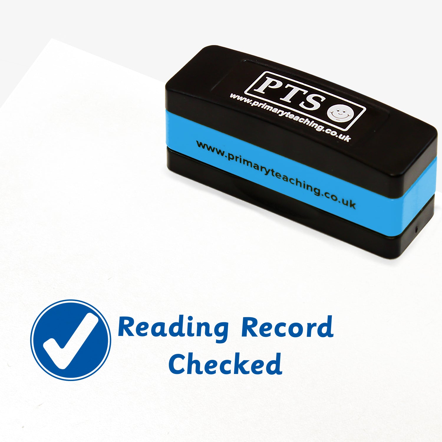 Rectangular self-inking stamper measuring 44mm by 13mm, featuring a blue impression of a white bold tick within a blue circle, alongside the phrase 'Reading Record Checked'