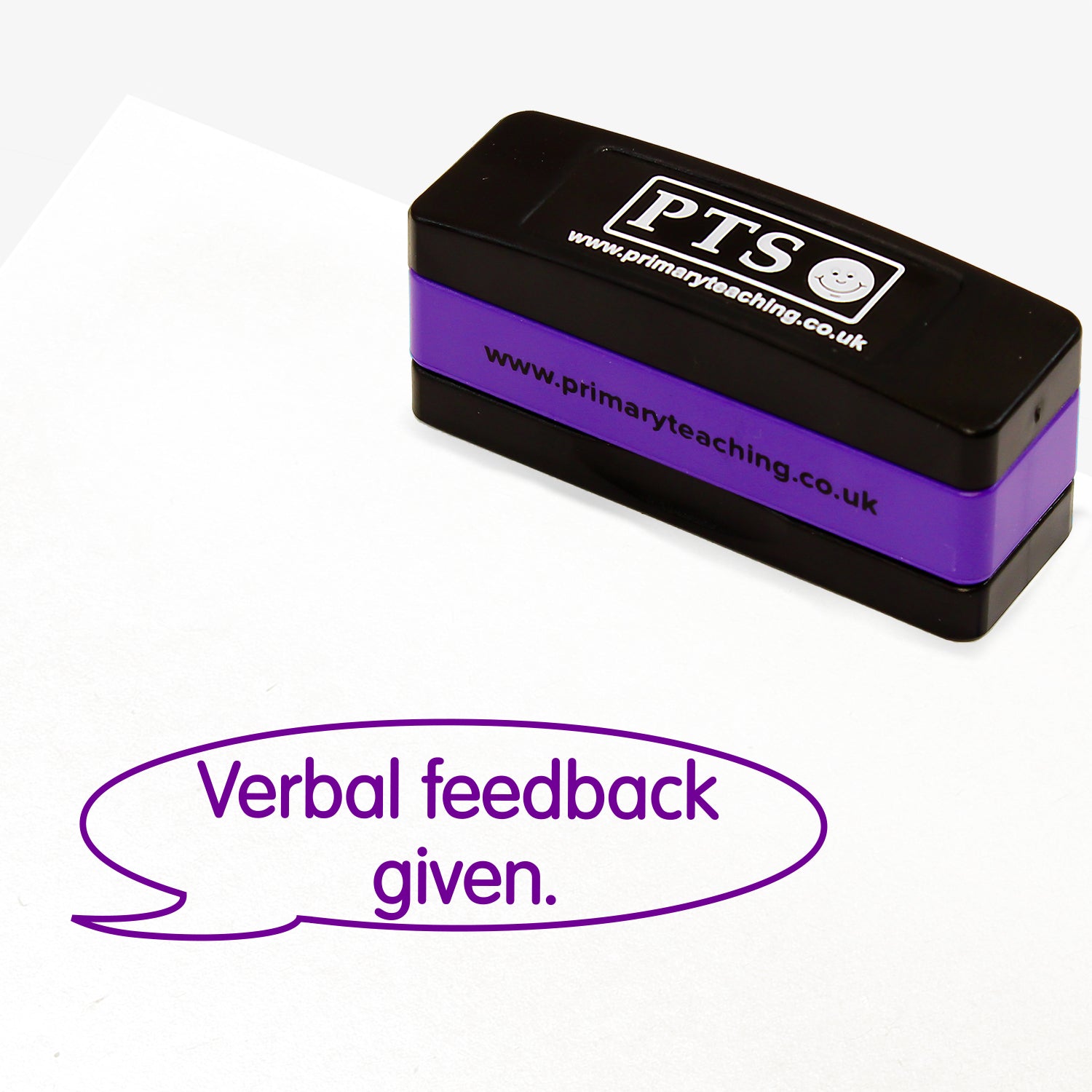 Rectangular self-inking, stackable, stamper 44mm x 13mm with purple ink, featuring a speech bubble with the text 'Verbal feedback given.' central to it
