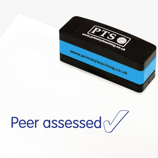 Rectangular self-inking stamper measuring 44mm by 13mm, featuring the phrase 'Peer assessed' and a tick icon in blue ink.
