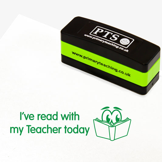 Rectangular green self-inking stamper measuring 44mm by 13mm, featuring the phrase 'I've read with me Teacher today' in green text next to an illustration of an open book with 2 eyes peering over.