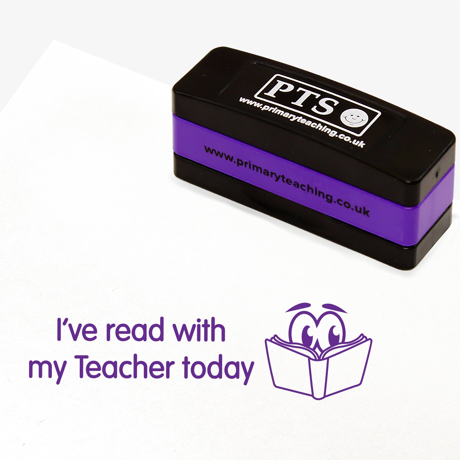 Rectangular purple self-inking stamper measuring 44mm by 13mm, featuring the phrase 'I've read with me Teacher today' in purple text next to an illustration of an open book with 2 eyes peering over.