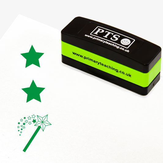 Rectangular self-inking, stackable, stamper 44mm x 13mm with green ink, featuring a green vertical impression: a star at the top, a star in the middle and a wand with a shower of stars underneath.