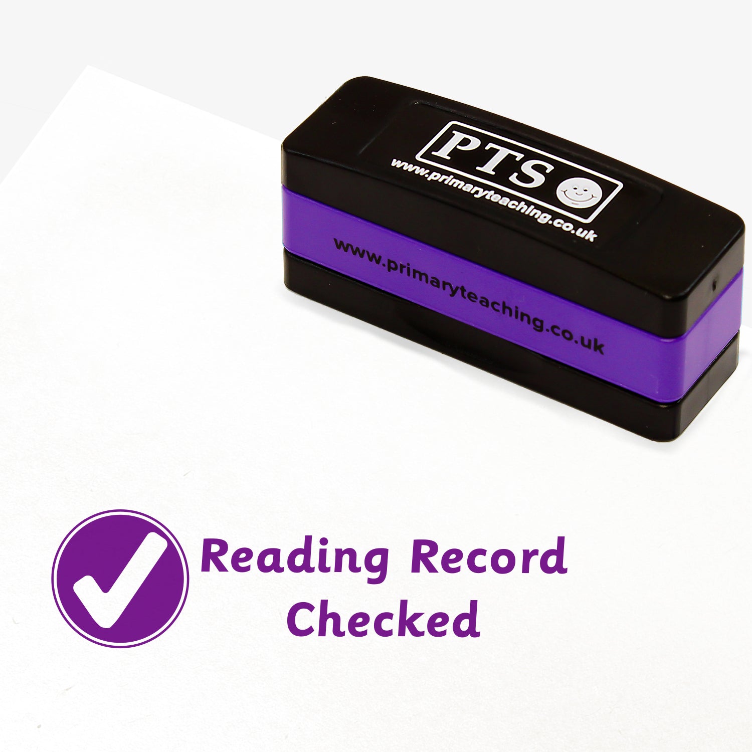 Rectangular self-inking stamper measuring 44mm by 13mm, featuring a purple impression of a white bold tick within a purple circle, alongside the phrase 'Reading Record Checked'