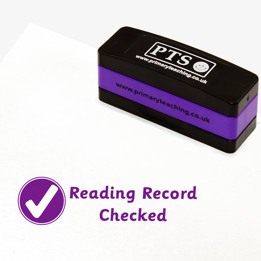 Rectangular self-inking stamper measuring 44mm by 13mm, featuring a purple impression of a white bold tick within a purple circle, alongside the phrase 'Reading Record Checked'