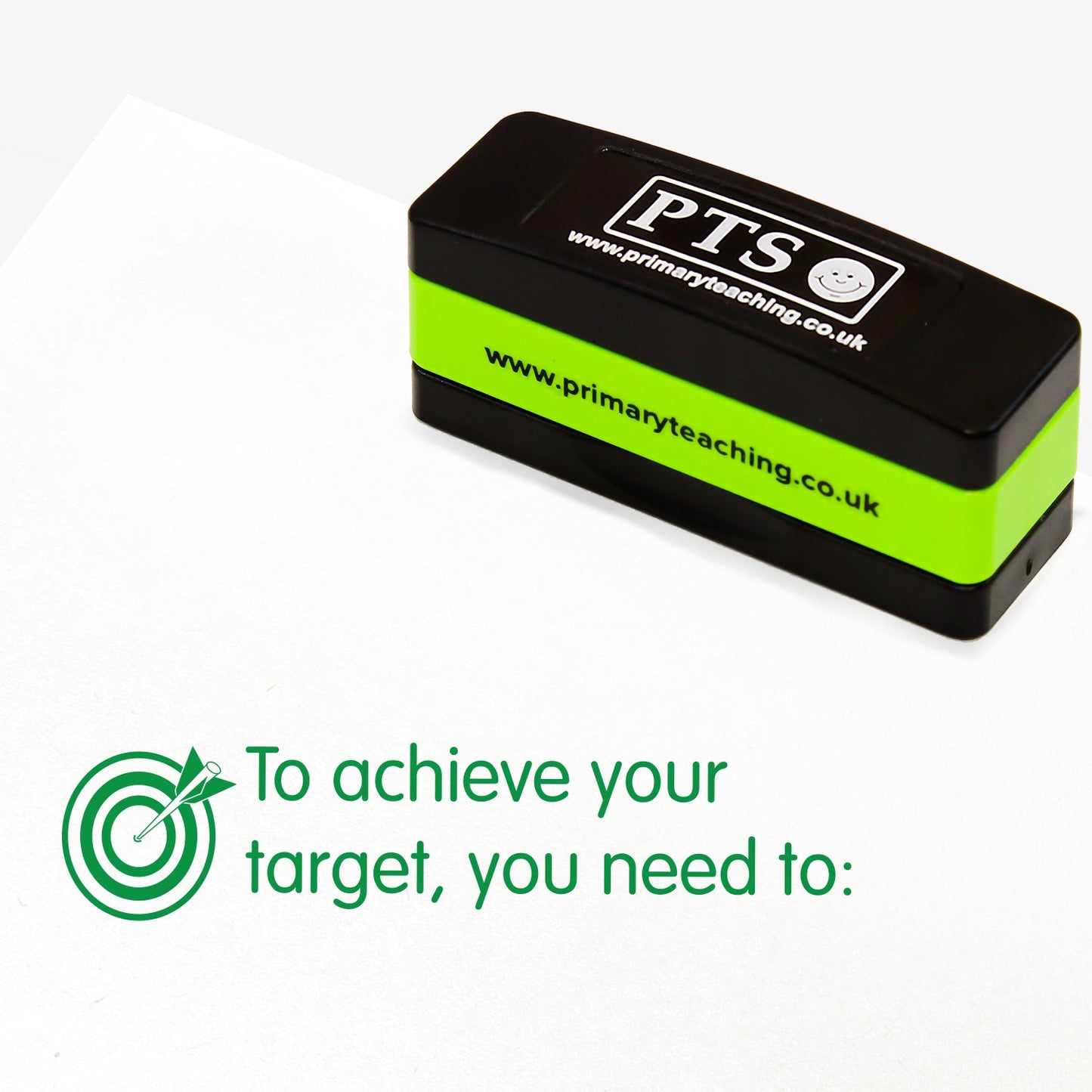 Rectangular self-inking, stackable stamper 44mm x 13mm with green ink, featuring the phrase 'To achieve your target, you need to:' alongside an arrow hitting a bullseye on a target.