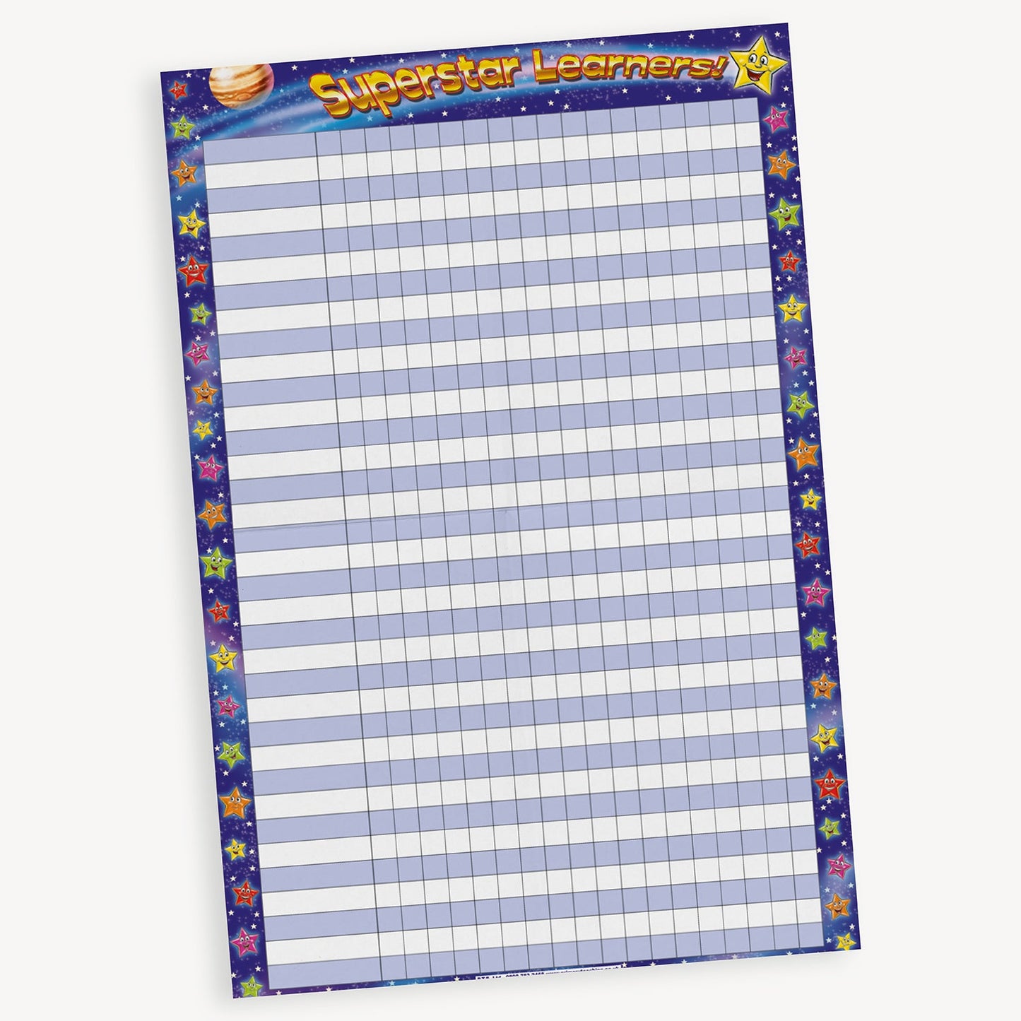 Superstar Learners reward chart with a space-themed border featuring stars and planets. The chart has a grid layout with alternating light blue and white rows for writing pupil names and tracking progress or achievements.