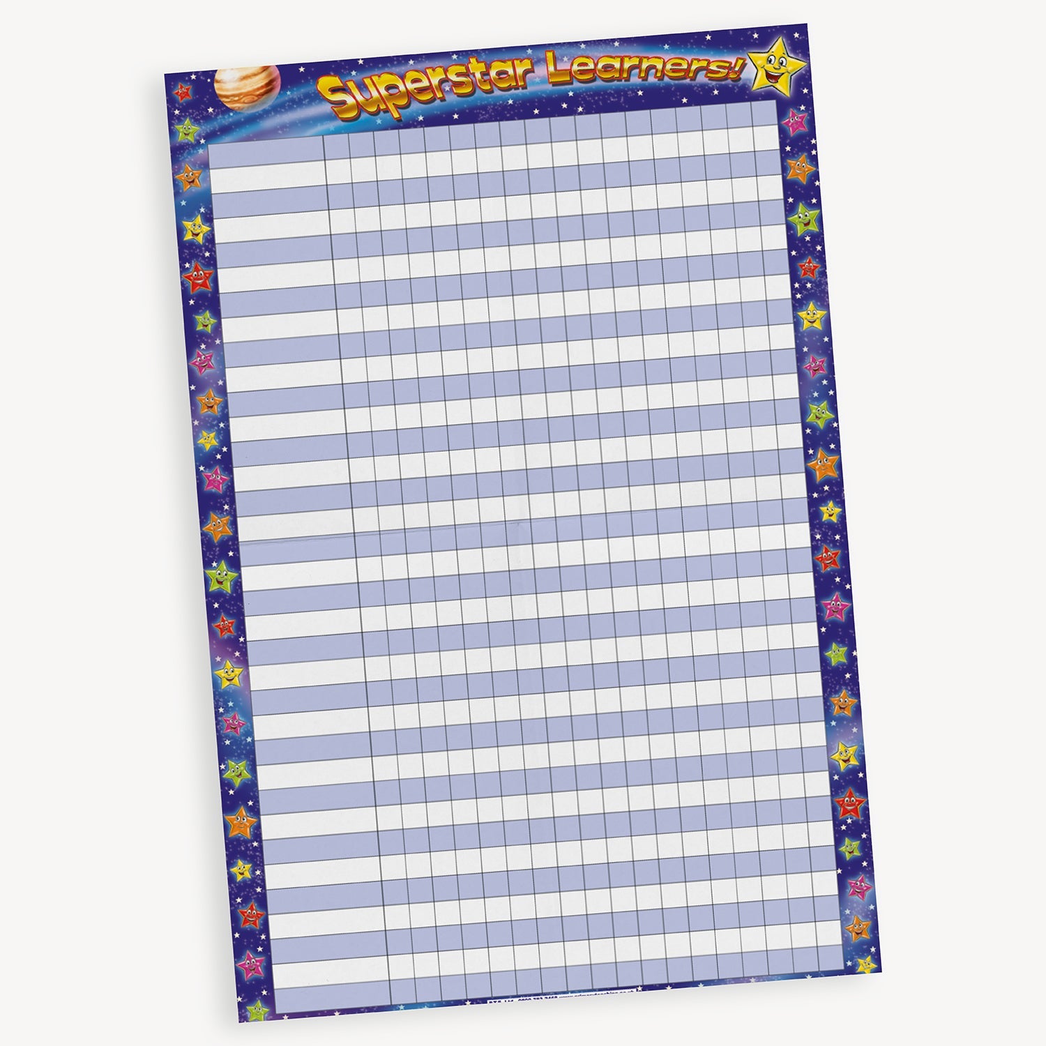 Superstar Learners reward chart with a space-themed border featuring stars and planets. The chart has a grid layout with alternating light blue and white rows for writing pupil names and tracking progress or achievements.