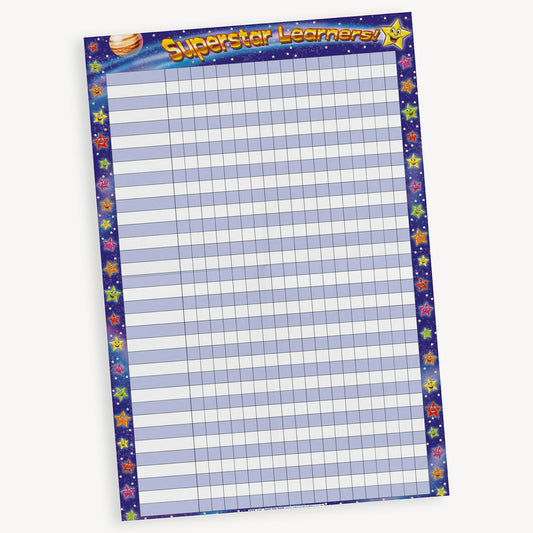 Superstar Learners reward chart with a space-themed border featuring stars and planets. The chart has a grid layout with alternating light blue and white rows for writing pupil names and tracking progress or achievements.