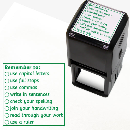 Green ink 40mm square self-inking teacher stamp with a checklist titled 'Remember to:' followed by tick-box items: use capital letters, use full stops, use commas, write in sentences, check your spelling, join your handwriting, read through your work, and use a ruler.