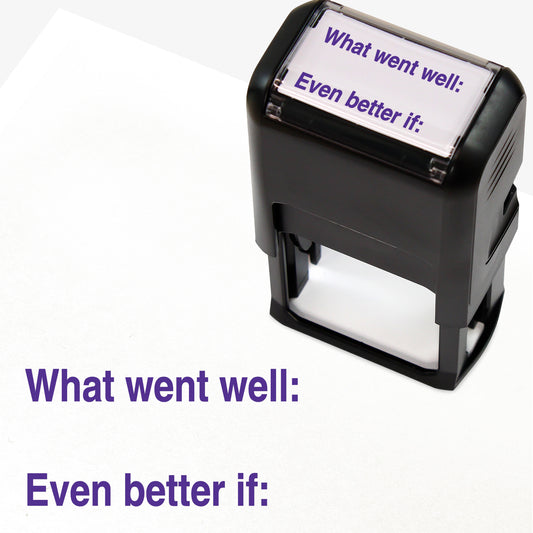 Rectangular self-inking stamper 42 x 22mm with purple ink, displaying 2 lines of text.  The top text 'What went well:' then a space before a bottom line text of 'Even better if:'