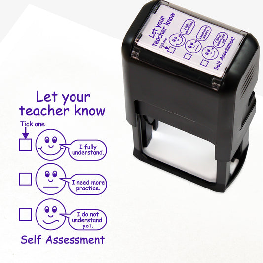 Rectangular, purple self-inking teacher stamp (42mm x 22mm) designed for pupil self-assessment. The stamped image includes the heading 'Let your teacher know' with three tick-box options next to smiley faces: 'I fully understand', 'I need more practice', and 'I do not understand yet.' The phrase 'Self Assessment' appears at the bottom. 
