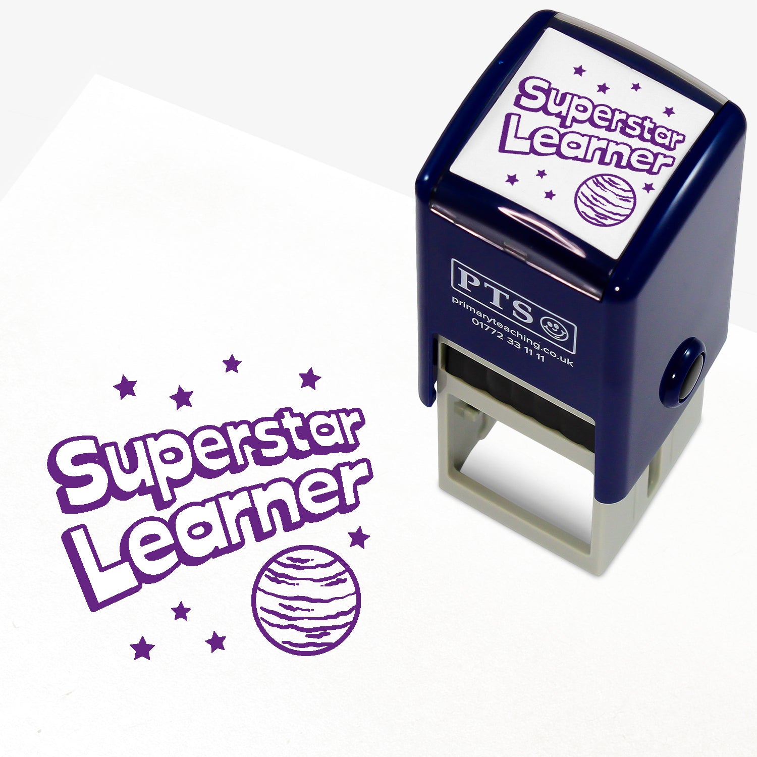 Purple self-inking teacher 25mm stamper displaying the text 'Superstar Learner' above a cartoon style smiling star wearing sunglasses.
