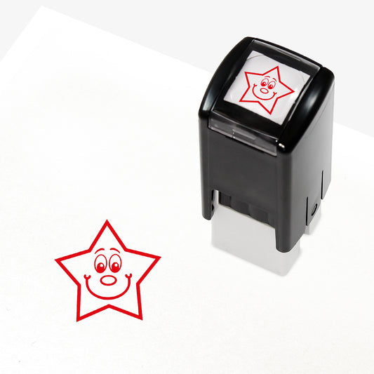 A 10mm self-inking stamp with a red smiling star central to the design