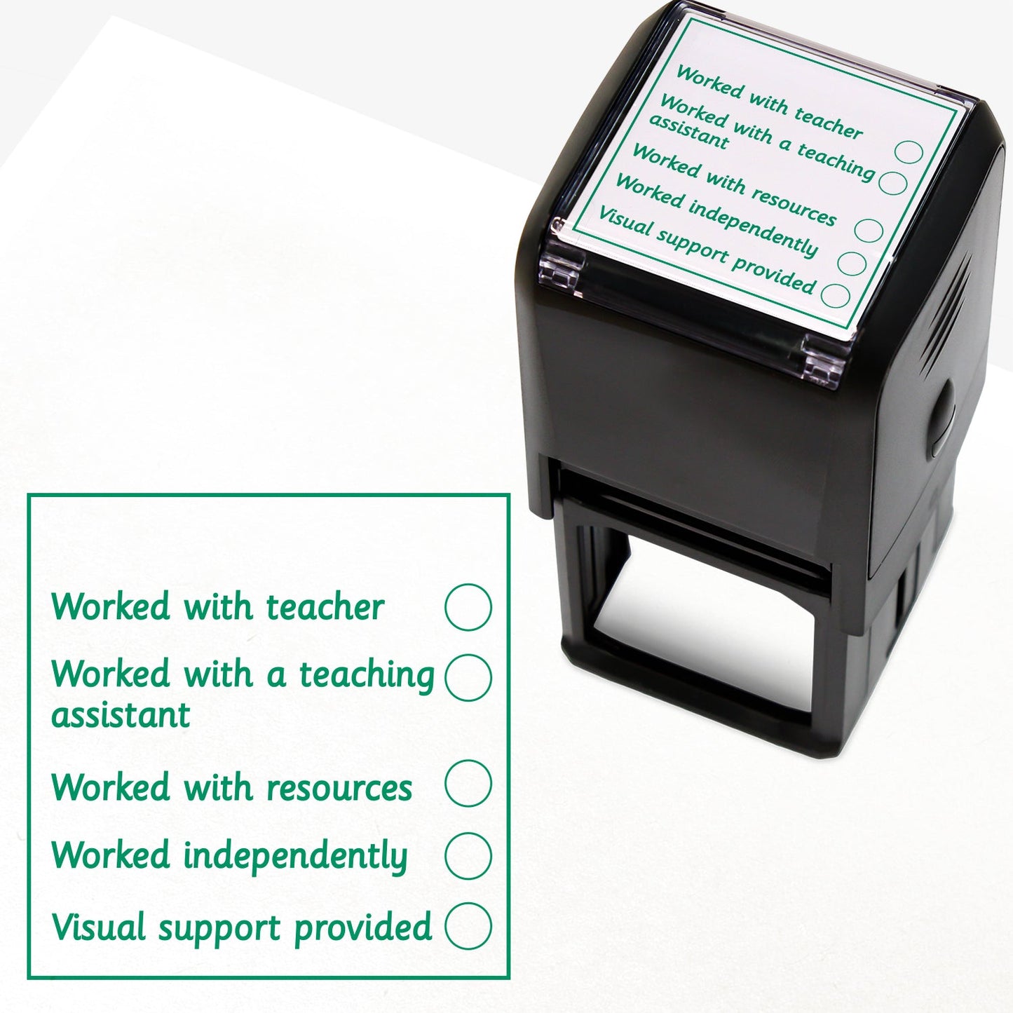 Self-inking 42mm square teacher stamp with green ink with a checklist of support types. The stamp includes five options: 'Worked with teacher', 'Worked with a teaching assistant', 'Worked with resources', 'Worked independently', and 'Visual support provided', each with a tick circle beside it.