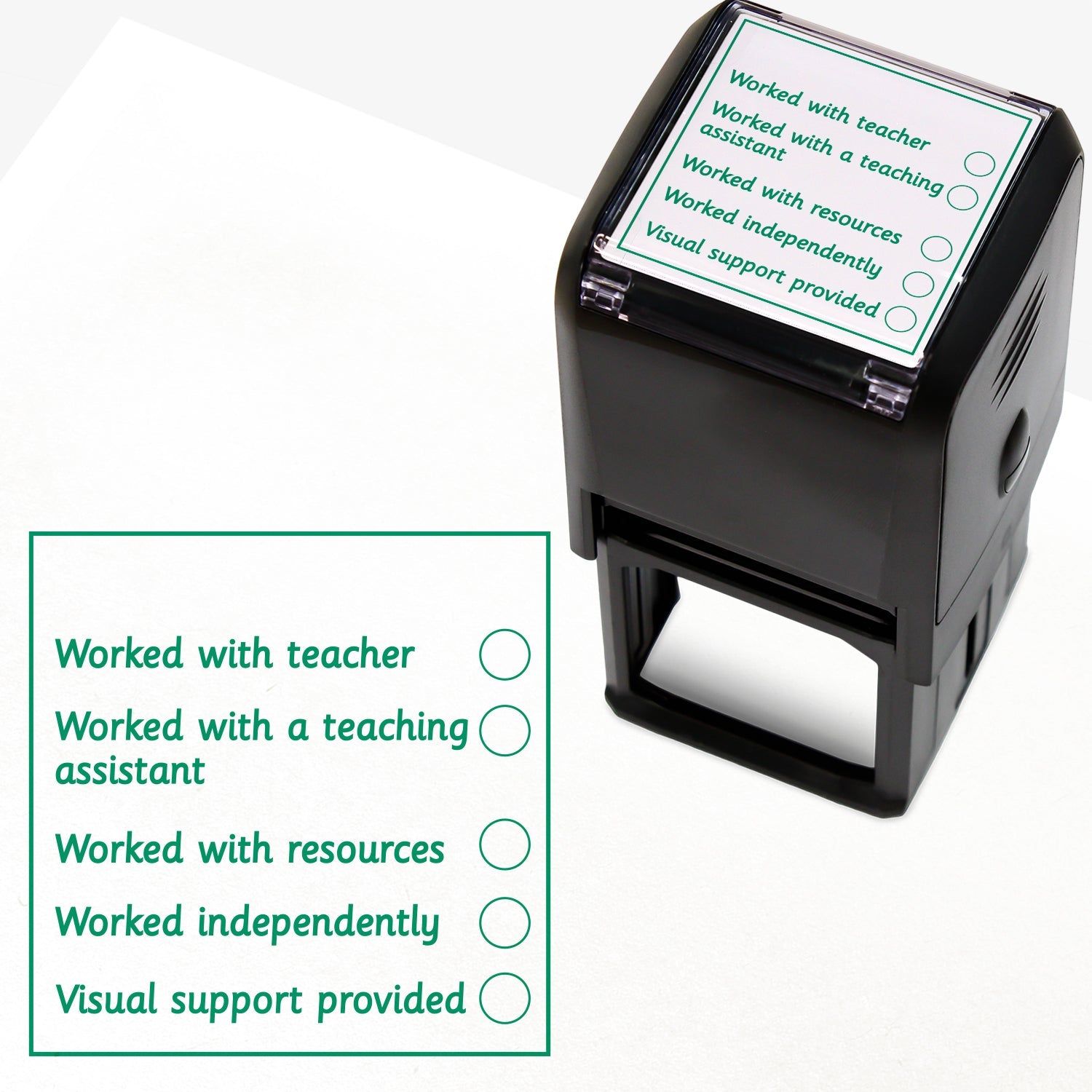 Self-inking 42mm square teacher stamp with green ink with a checklist of support types. The stamp includes five options: 'Worked with teacher', 'Worked with a teaching assistant', 'Worked with resources', 'Worked independently', and 'Visual support provided', each with a tick circle beside it.