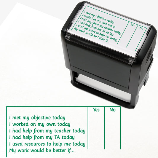 Rectangular, green self-inking teacher stamp (72mm x342mm) featuring a pupil reflection checklist with 'Yes' and 'No' columns. Statements include: 'I met my objective today', 'I worked on my own today', 'I had help from my teacher today', 'I had help from my TA today', 'I used resources to help me today', and 'My work would be better if…'.