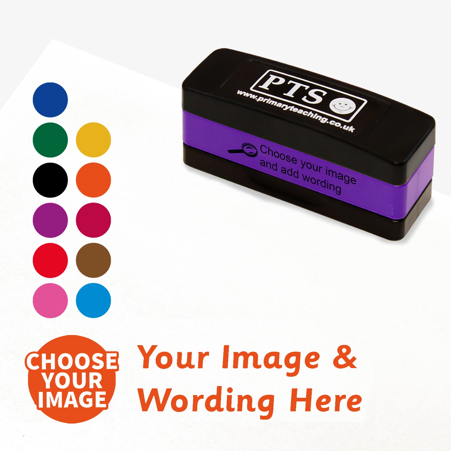 Rectangular self-inking stamper measuring 44mm by 13mm, featuring the an imprint saying 'Choose your Image' and 'Your Image and Wording Here'.  This is for customisation and shows 11 colours to choose from - blue, green, black, purple, red, pink, gold, orange, burgundy, brown or sea blue