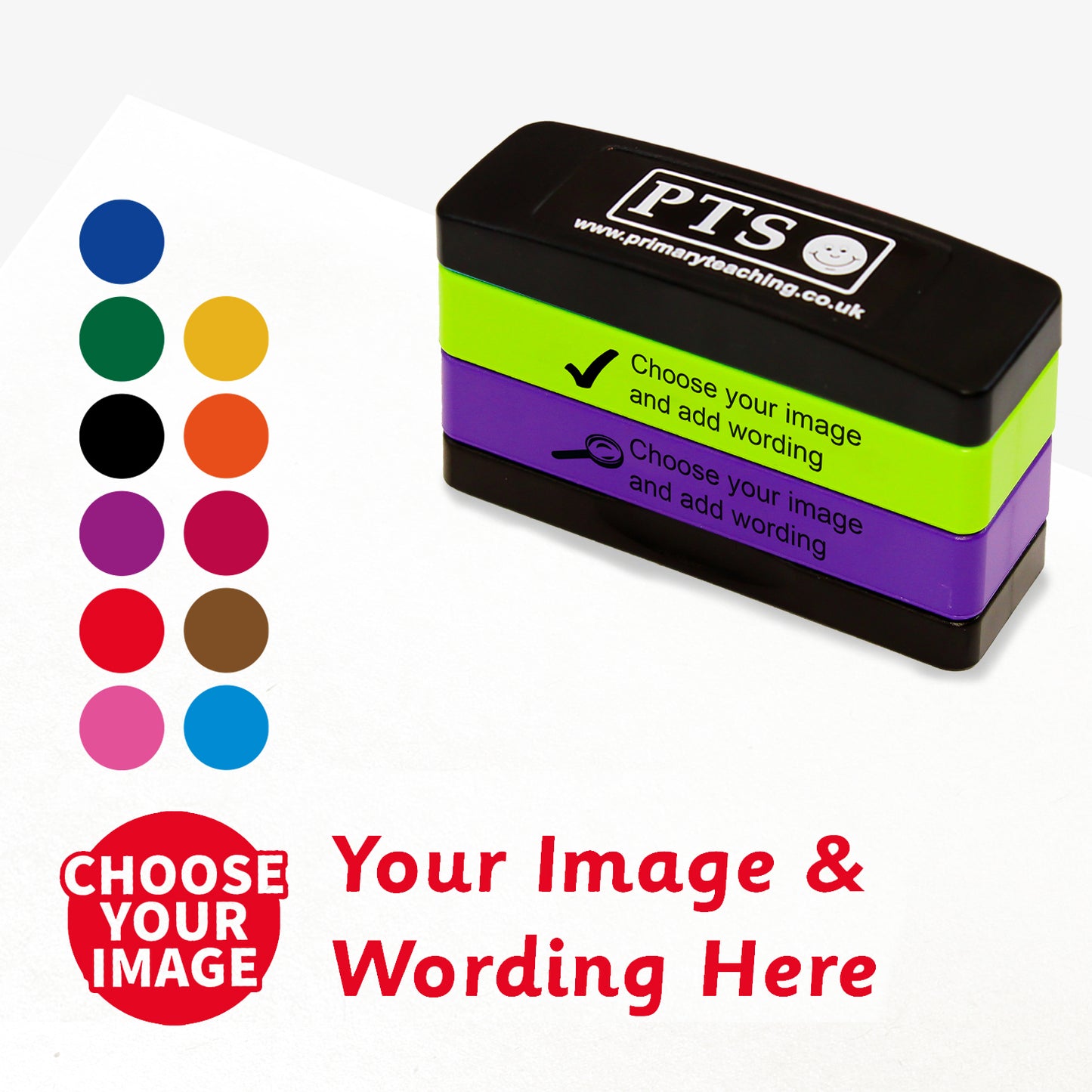 2 stacked rectangular self-inking stampers measuring 44mm by 13mm, featuring the an imprint saying 'Choose your Image' and 'Your Image and Wording Here'.  This is for customisation and shows 11 colours to choose from - blue, green, black, purple, red, pink, gold, orange, burgundy, brown or sea blue