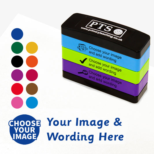 3 stacked rectangular self-inking stampers measuring 44mm by 13mm, featuring the an imprint saying 'Choose your Image' and 'Your Image and Wording Here'.  This is for customisation and shows 11 colours to choose from - blue, green, black, purple, red, pink, gold, orange, burgundy, brown or sea blue