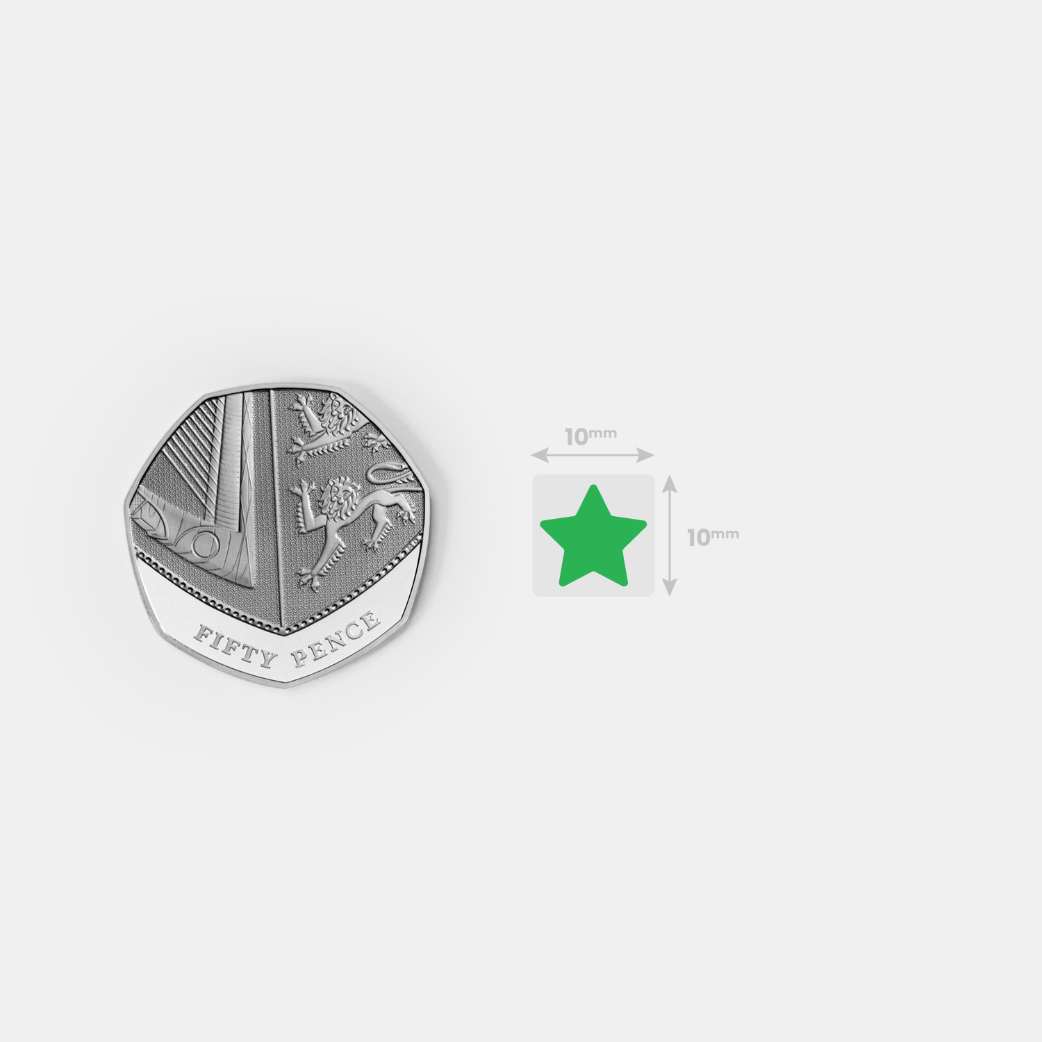 Stamper impression image alongside a fifty pence piece for size comparison.