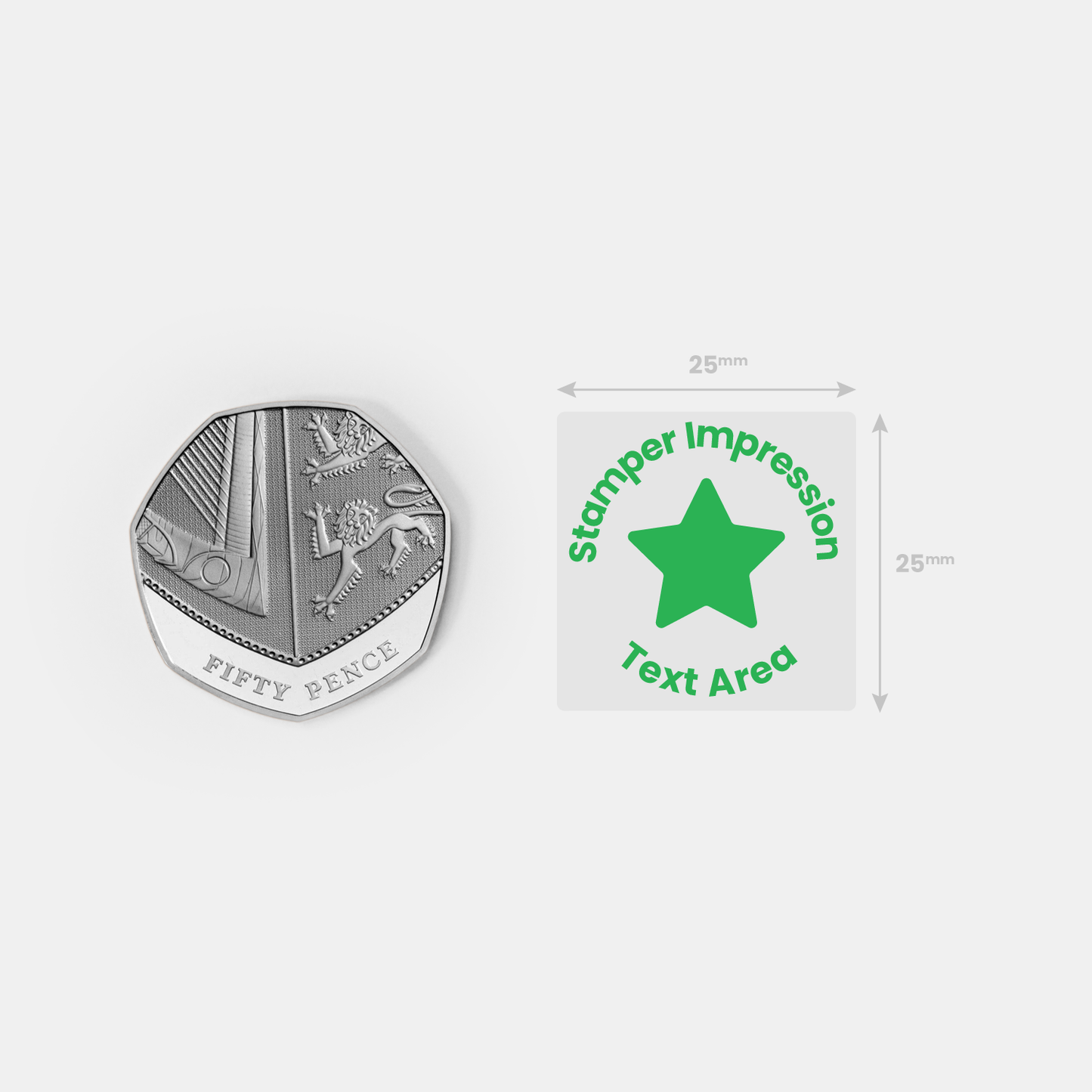 Stamper impression image alongside a fifty pence piece for size comparison.